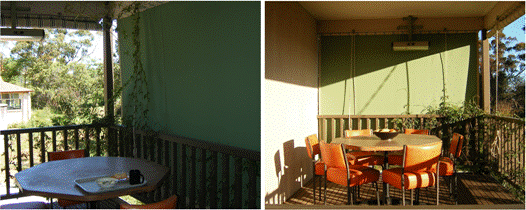 Photos of porch awnings adjusted for outdoor living in winter and in summer