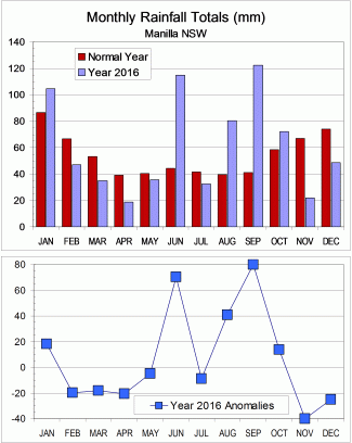 Graphs of monthly rainfall totals, normal and 2016